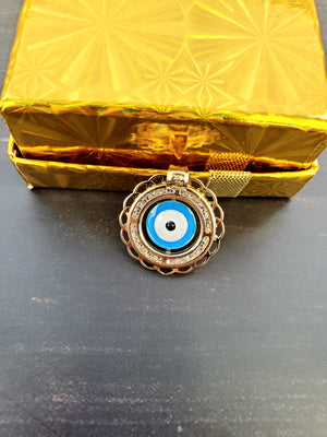 14K Solid Real Yellow Gold Blue Evil Eye Round CZ Pendant Charm with Box Chain