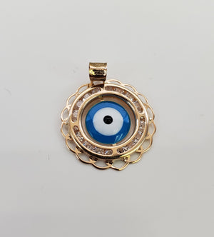14K Solid Real Yellow Gold Blue Evil Eye Round CZ Pendant Charm with Box Chain