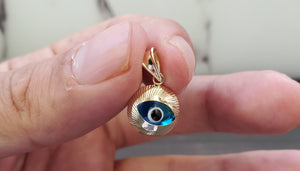 14K Solid Real Yellow Gold Evil Eye Round Pendant Charm with Box Chain