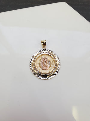 14K Solid Real Rose & Yellow Gold Mother Mary Round Cz Pendant Charm with Box Chain
