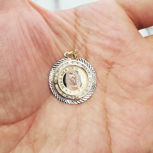 14K Solid Real Rose & Yellow Gold Mother Mary Round Cz Pendant Charm with Box Chain