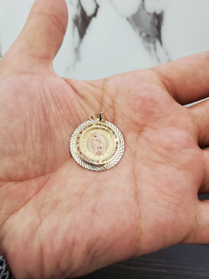14K Solid Real Rose & Yellow Gold Mother Mary Round Cz Pendant Charm with Box Chain