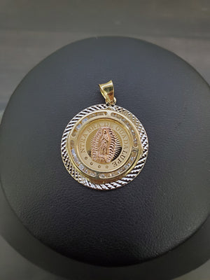 14K Solid Real Rose & Yellow Gold Mother Mary Round Cz Pendant Charm with Box Chain