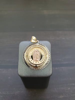 14K Solid Real Rose & Yellow Gold Mother Mary Round Cz Pendant Charm with Box Chain