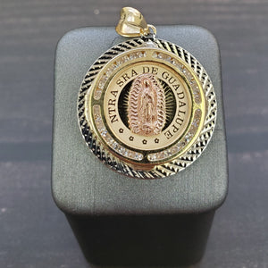 14K Solid Real Rose & Yellow Gold Mother Mary Round Cz Pendant Charm with Box Chain