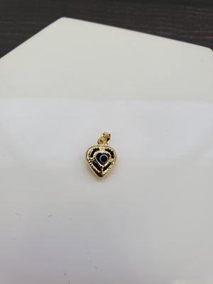 14K Solid Real Yellow Gold Red, Blue & Black Heart Evil Eye Pendant Charm with Box Chain