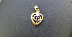 14K Solid Real Yellow Gold Red, Blue & Black Heart Evil Eye Pendant Charm with Box Chain