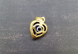 14K Solid Real Yellow Gold Red, Blue & Black Heart Evil Eye Pendant Charm with Box Chain