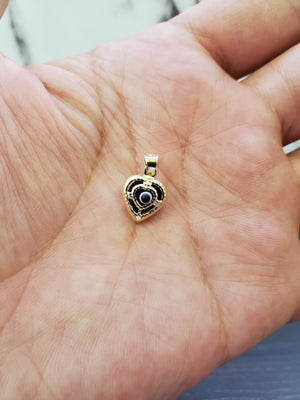 14K Solid Real Yellow Gold Red, Blue & Black Heart Evil Eye Pendant Charm with Box Chain