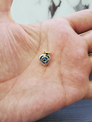 14K Solid Real Yellow Gold Red, Blue & Black Heart Evil Eye Pendant Charm with Box Chain