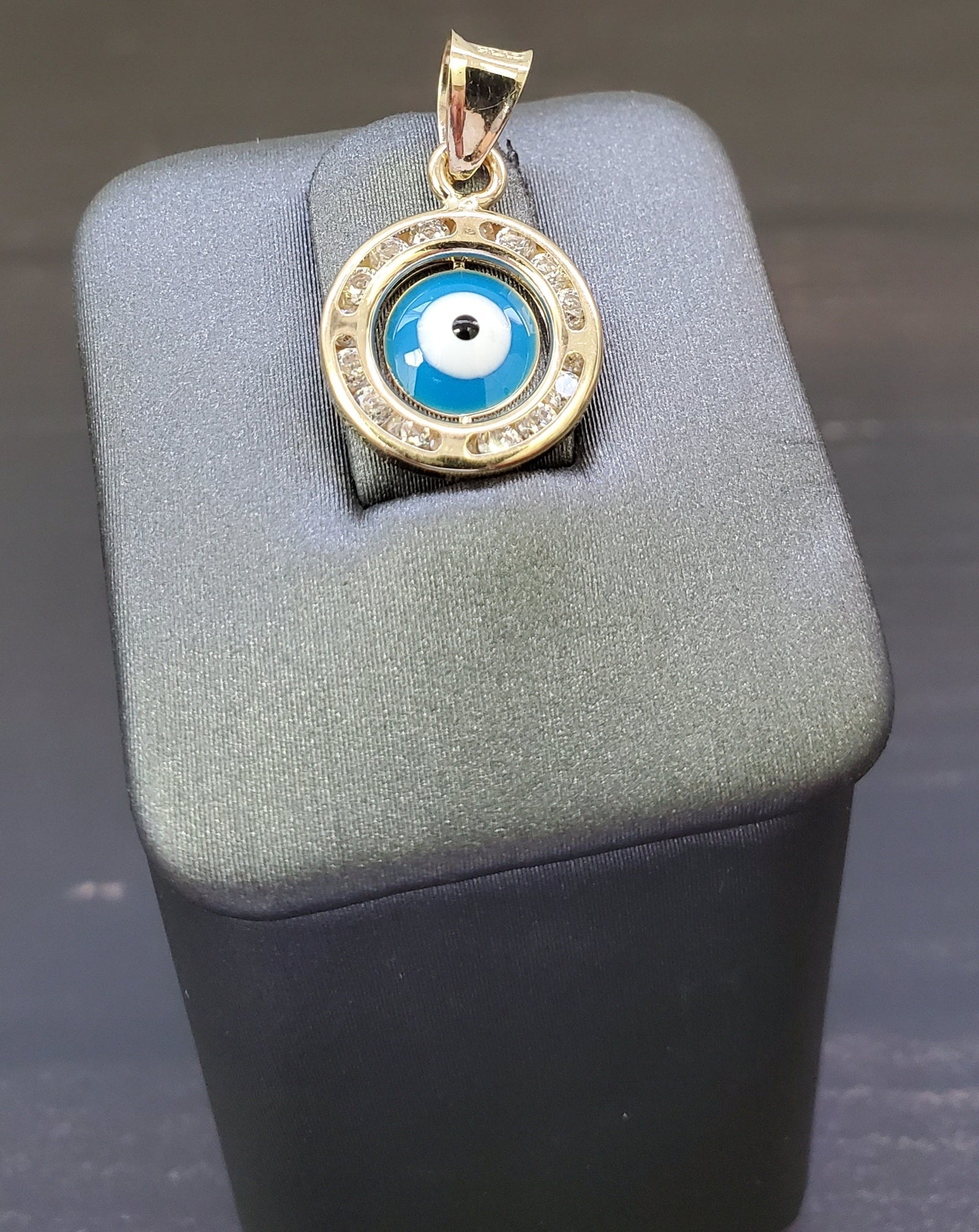 14K Solid Real Yellow Gold Blue Evil Eye Round CZ Pendant Charm with Box Chain