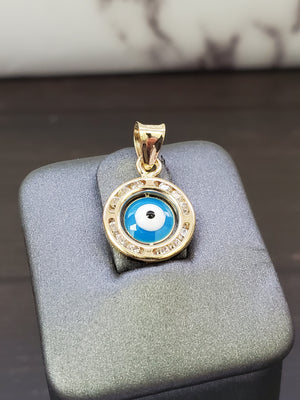 14K Solid Real Yellow Gold Blue Evil Eye Round Cz Pendant Charm with Box Chain