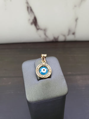 14K Solid Real Yellow Gold Blue Evil Eye Round Cz Pendant Charm with Box Chain