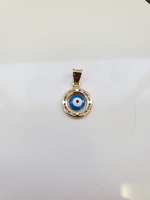 14K Solid Real Yellow Gold Blue Evil Eye Round Cz Pendant Charm with Box Chain