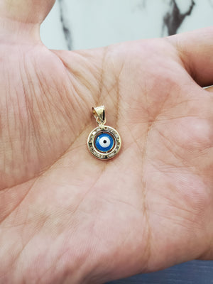 14K Solid Real Yellow Gold Blue Evil Eye Round Cz Pendant Charm with Box Chain