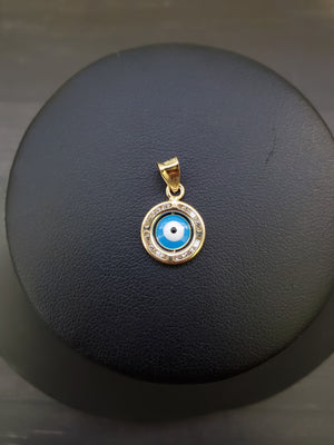 14K Solid Real Yellow Gold Blue Evil Eye Round Cz Pendant Charm with Box Chain
