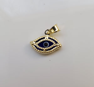 14K Solid Real Yellow Gold Blue Evil Eye Pendant Charm with Box Chain