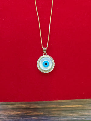 10K Solid Real Yellow Gold Cz Round Evil Eye Pendant Charm with Box Chain