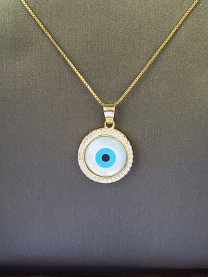 10K Solid Real Yellow Gold Cz Round Evil Eye Pendant Charm with Box Chain