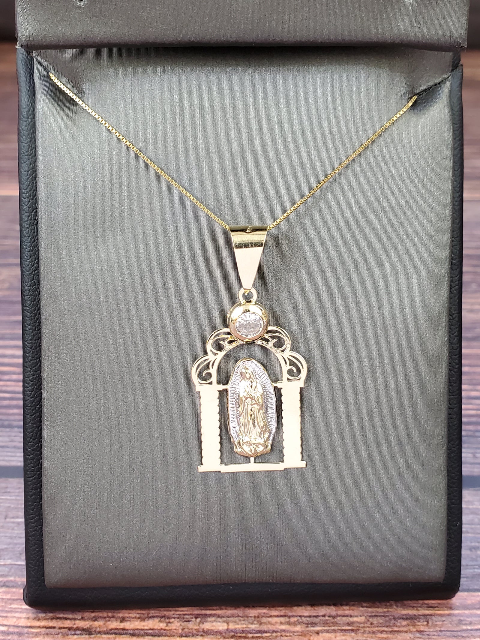10K Real Gold Two Tone Mother Mary Gate of Heaven CZ Charm with Box Chain