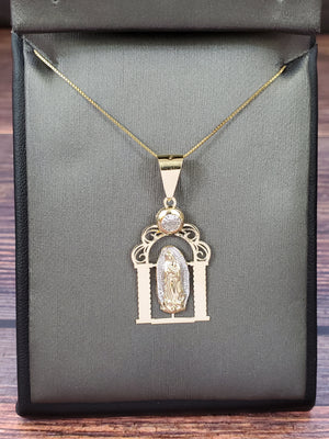 10K Solid Real Yellow & White Gold Mother Mary Gate Cz Pendant Charm with Box Chain