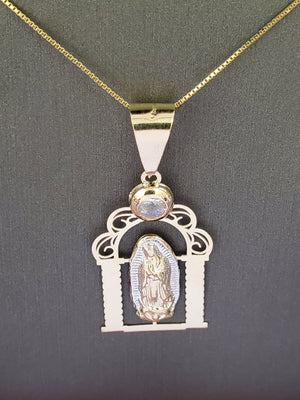 10K Solid Real Yellow & White Gold Mother Mary Gate Cz Pendant Charm with Box Chain