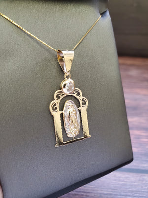 10K Solid Real Yellow & White Gold Mother Mary Gate Cz Pendant Charm with Box Chain