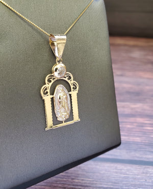 10K Solid Real Yellow & White Gold Mother Mary Gate Cz Pendant Charm with Box Chain