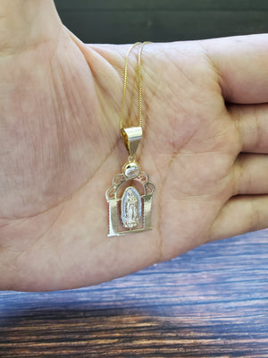 10K Solid Real Yellow & White Gold Mother Mary Gate Cz Pendant Charm with Box Chain
