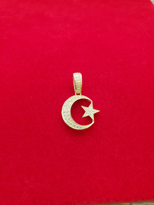 10K Solid Real Yellow Gold Cz Moon Star Pendant Charm with Box Chain