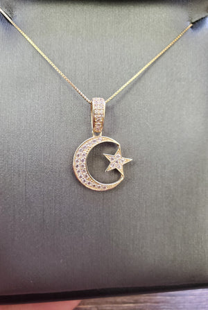 10K Solid Real Yellow Gold Cz Moon Star Pendant Charm with Box Chain