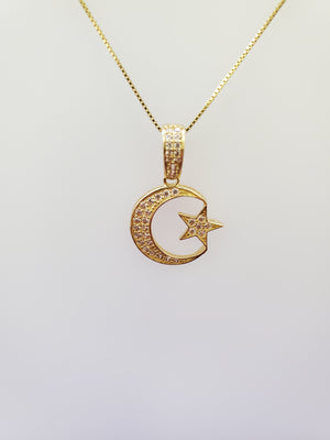 10K Solid Real Yellow Gold Cz Moon Star Pendant Charm with Box Chain
