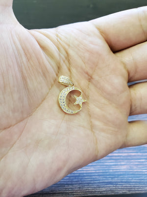 10K Solid Real Yellow Gold Cz Moon Star Pendant Charm with Box Chain