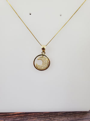 10K Solid Real Yellow Gold Cz Moon Pendant Charm with Box Chain