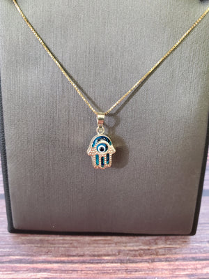 10K Solid Real Yellow Gold Evil Eye Hamsa Pendant Charm with Box Chain