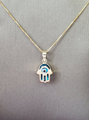 10K Real Solid Gold Evil Eye Hamsa (Blue) small Charm with Box Chain