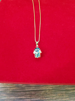 10K Real Solid Gold Evil Eye Hamsa (Blue) small Charm with Box Chain