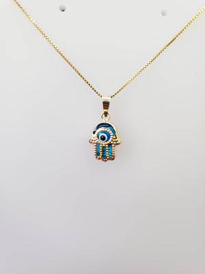 10K Solid Real Yellow Gold Evil Eye Hamsa Pendant Charm with Box Chain