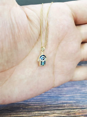 10K Solid Real Yellow Gold Evil Eye Hamsa Pendant Charm with Box Chain