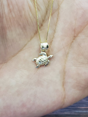 10K Solid Real Yellow Gold Turtle Pendant Charm with Box Chain