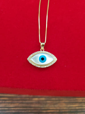 10K Solid Real Yellow Gold Cz Evil Eye Pendant Charm with Box Chain