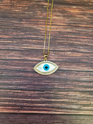 10K Solid Real Yellow Gold Cz Evil Eye Pendant Charm with Box Chain