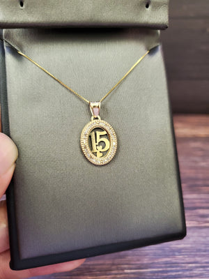 10K Solid Real Yellow Gold Cz Round 15 Pendant Charm with Box Chain
