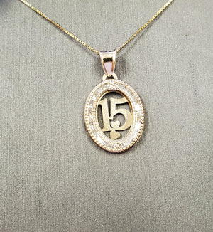 10K Solid Real Yellow Gold Cz Round 15 Pendant Charm with Box Chain