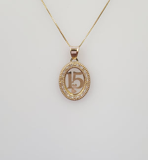 10K Solid Real Yellow Gold Cz Round 15 Pendant Charm with Box Chain