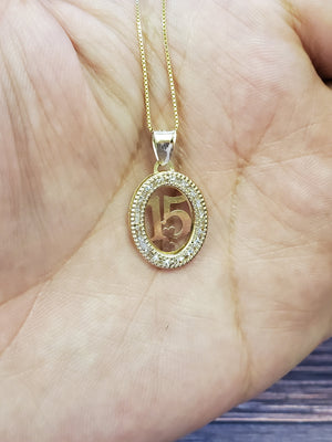 10K Solid Real Yellow Gold Cz Round 15 Pendant Charm with Box Chain