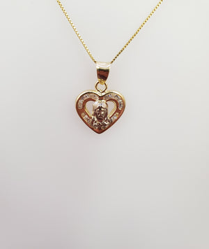 10K Solid Real Yellow Gold Jesus in Heart Cz Pendant Charm with Box Chain