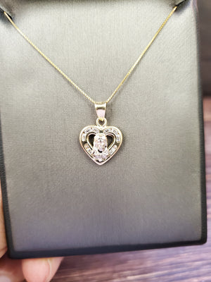 10K Solid Real Yellow Gold Jesus in Heart Cz Pendant Charm with Box Chain