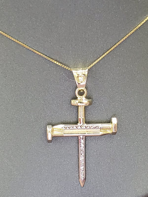 10K Solid Real Yellow & White Gold Cz in Bell Cross Pendant Charm with Box Chain