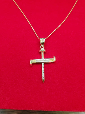 10K Solid Real Yellow & White Gold Cz in Bell Cross Pendant Charm with Box Chain
